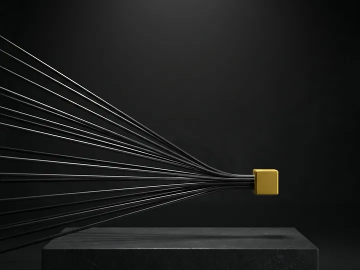 Many black rods converging into one mustard cube, a studio render.